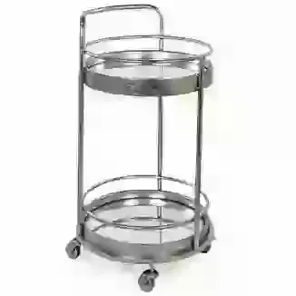 Small Round Silver Drinks Trolley with 2 Mirrored Glass Shelves